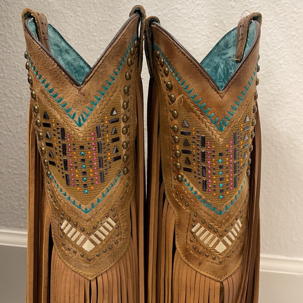 Corral Tan and Teal Fringe Heeled Boots - Picture 7 of 8